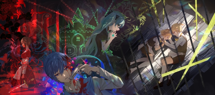 Vocaloid characters in a surreal, dark fantasy setting