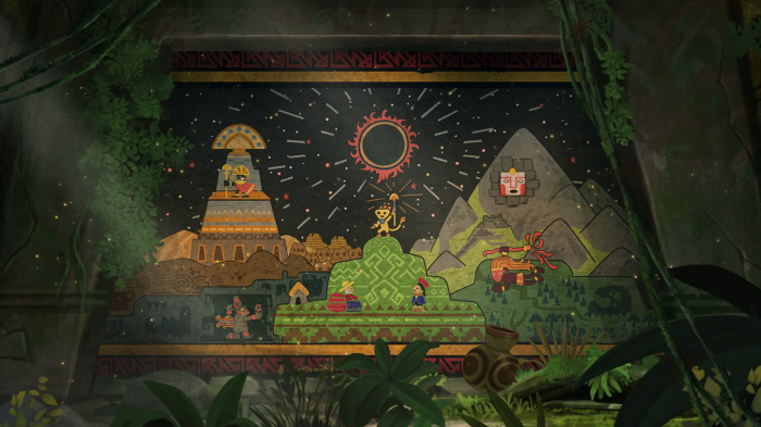 Mural of a sun eclipse and ancient civilization
