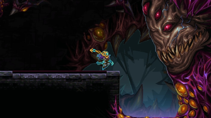 Character with chain weapon in dark cave