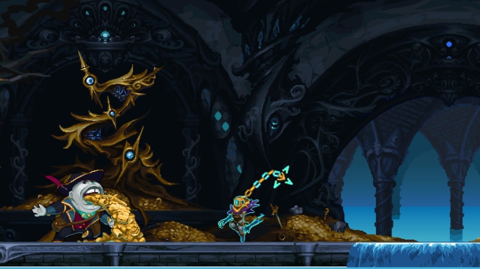 A creature eating gold coins and a character with a flail
