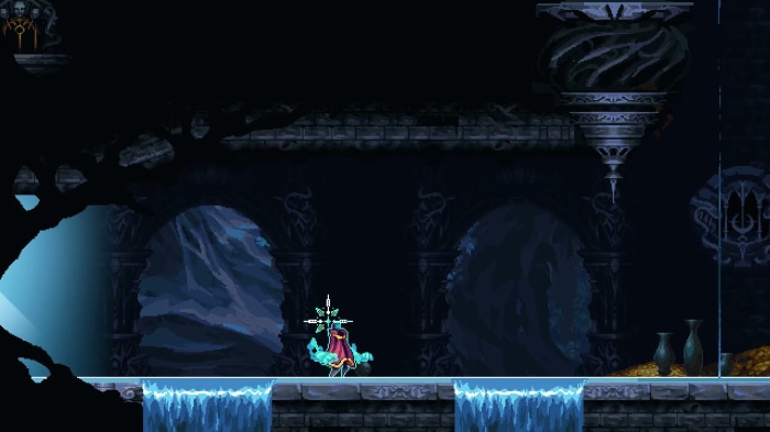 Character with glowing weapon in dark cavern