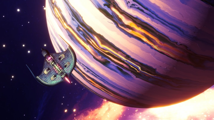 Spaceship near a large planet in Out There: Oceans Of Time