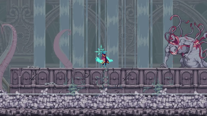 Character fighting a monster in a ruined temple