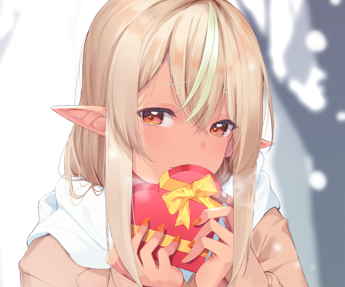 Shiranui Flare from Hololive holding a heart-shaped gift