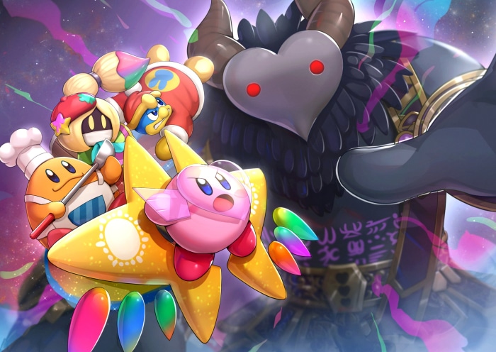 Kirby and friends facing a large dark creature