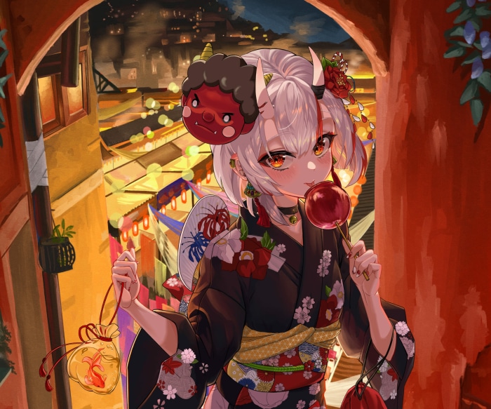 Nakiri Ayame from Hololive eating a candy apple