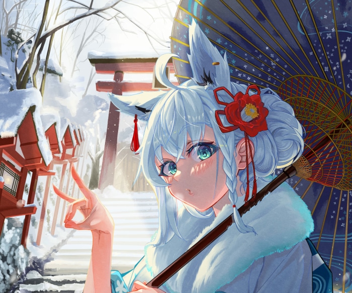 Shirakami Fubuki from Hololive in a snowy shrine