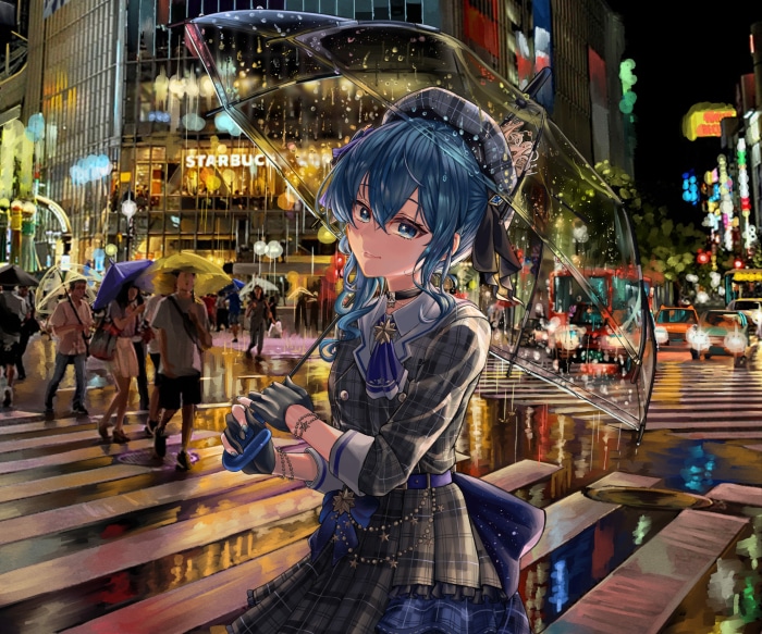 Hoshimachi Suisei from Hololive in a Rainy City