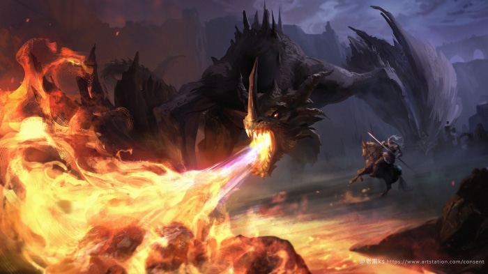 Dragon breathing fire at a knight on horseback from Elden Ring 4K