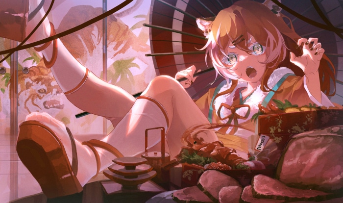 Anime girl with cat ears eating food