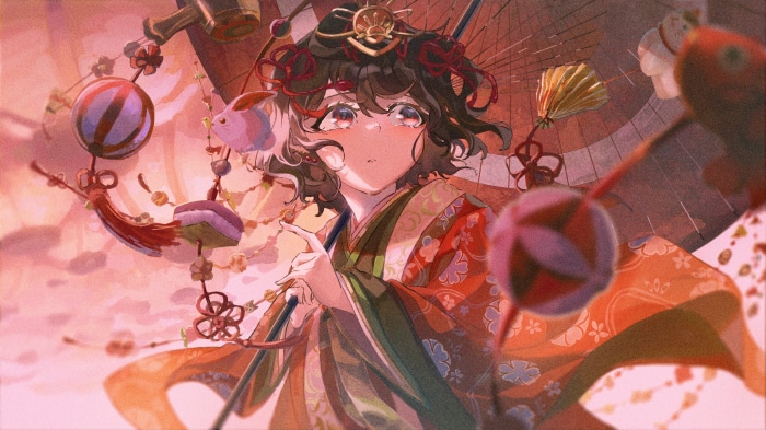 Girl in Kimono with Parasol and Ornaments 4K