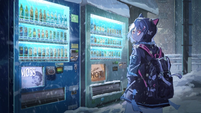 Girl in Snow near Vending Machines 4K