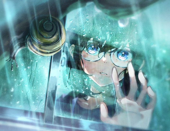Girl with glasses and snail in the rain