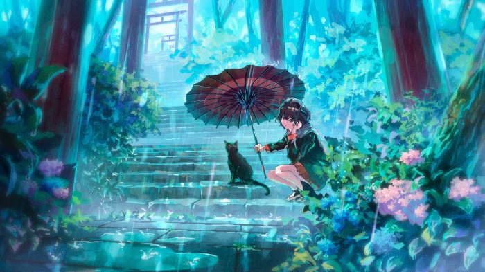 Girl with umbrella and cat in rain