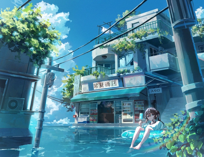 Girl eating ice cream in flooded street