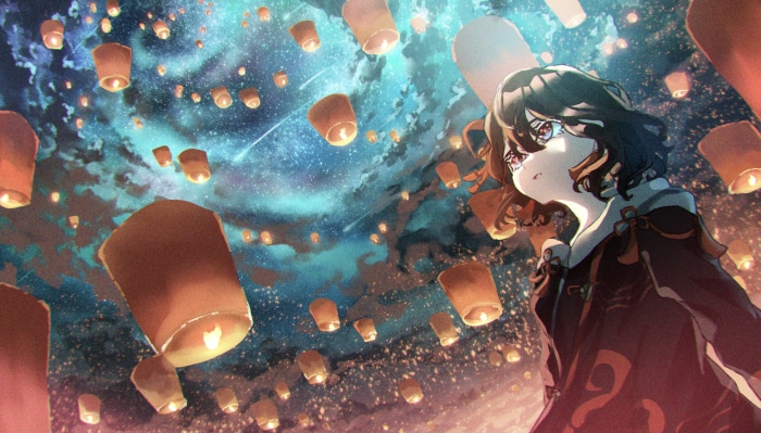 Girl watching sky lanterns