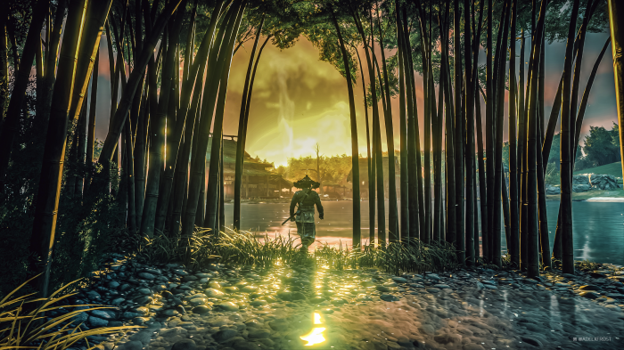 Samurai walking through bamboo forest in Ghost of Tsushima