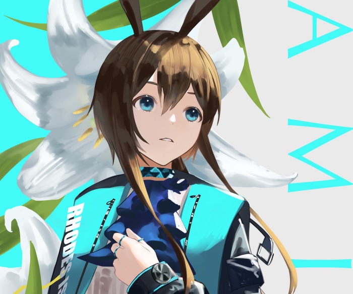 Amiya from Arknights with a white lily