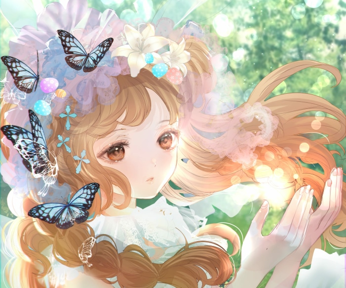 Anime girl with butterflies and flowers