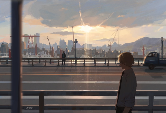 Denji from Chainsaw Man on a bridge