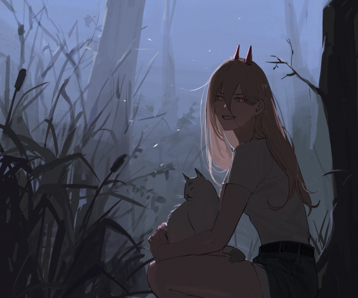 Power with a cat in a forest