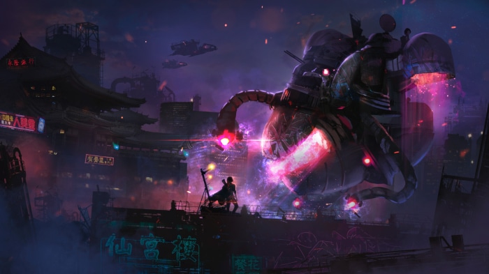 Giant Sci-Fi Machine Overlooking a Cyberpunk City