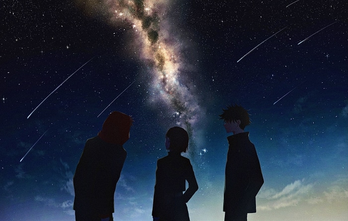 Three figures under a starry sky with the Milky Way