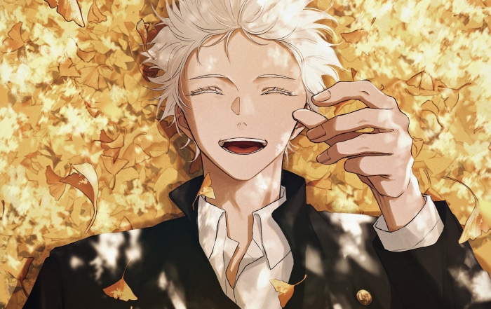 Satoru Gojo from Jujutsu Kaisen lying in leaves