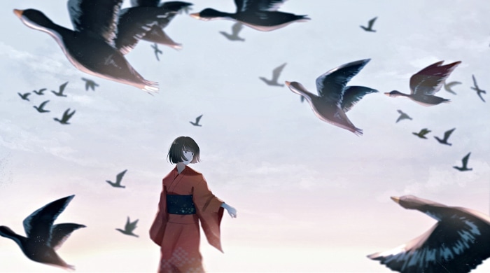 Girl in kimono surrounded by flying birds