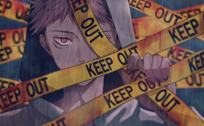 Yuji Itadori from Jujutsu Kaisen behind caution tape