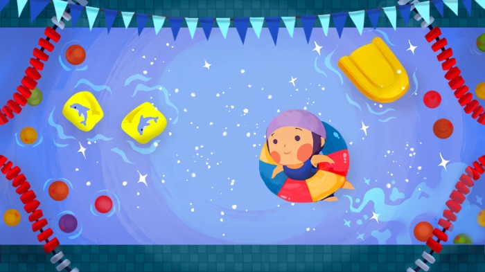 A girl with a swim ring in a swimming pool