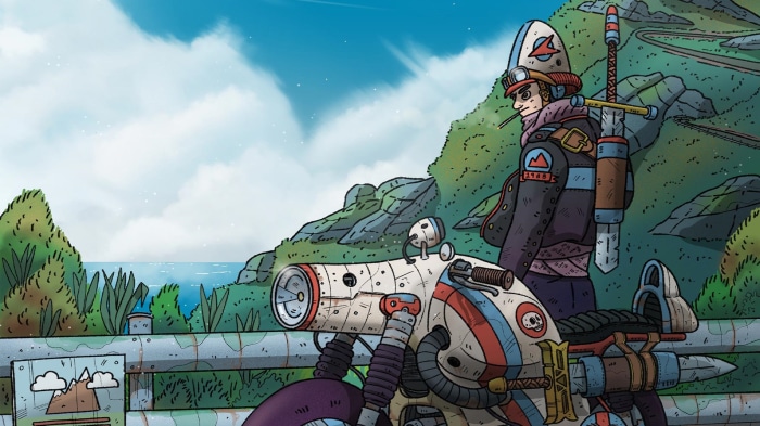 Man with a motorcycle on a coastal road