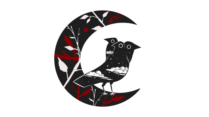 Two-headed bird on a crescent moon with branches