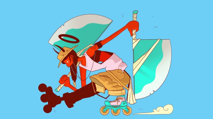 Red demon on roller skates with large blades
