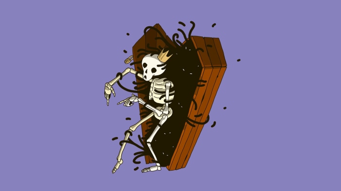 Skeleton emerging from a coffin