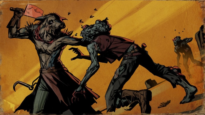Pig-headed creature attacking a zombie in Weird West