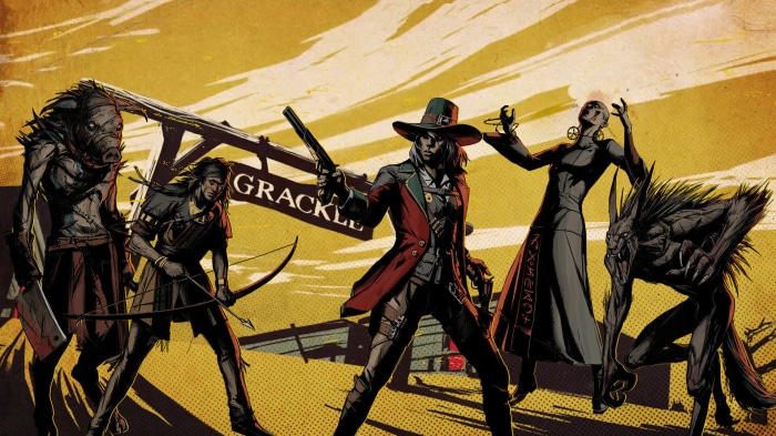 Weird West characters in front of Grackle sign