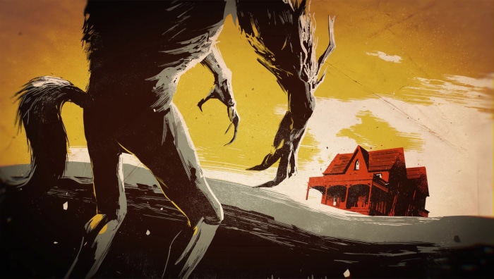 Werewolf approaches a red house in a Weird West landscape