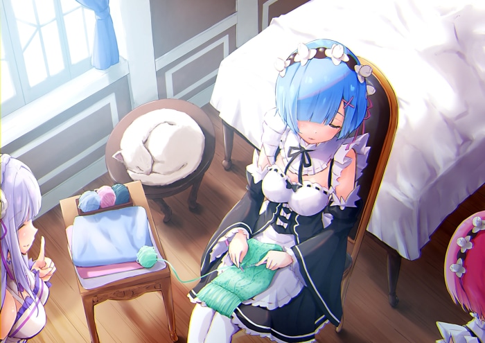 Rem from Re:ZERO knitting in a room