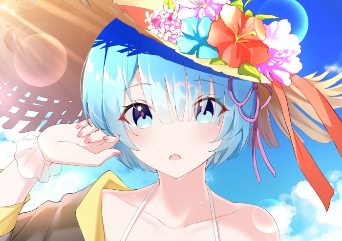 Rem from Re:ZERO in a straw hat