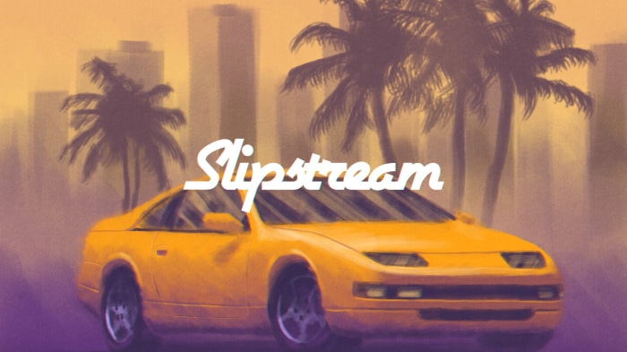 Slipstream car with palm trees and city skyline