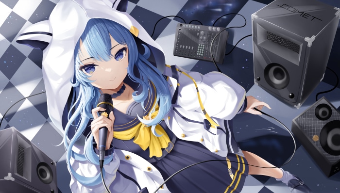 Hoshimachi Suisei from Hololive with microphone and speakers