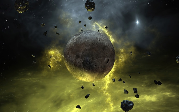 Asteroids and planet in a nebula
