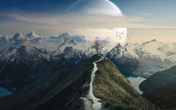 Fantasy mountain landscape with a lone tree and a large moon