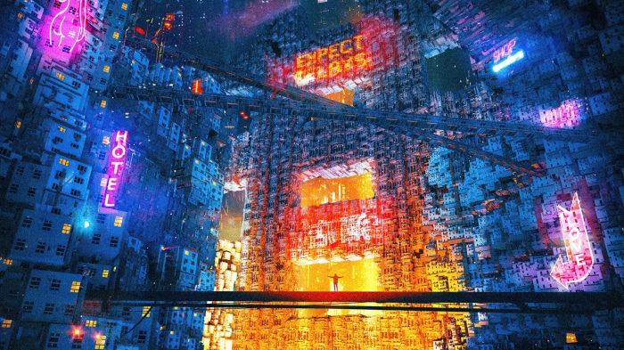 Cyberpunk city with neon signs and towering buildings