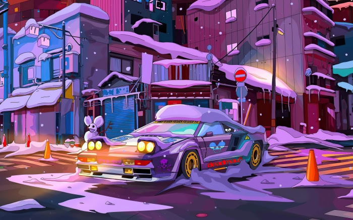 Deadmau5 car in a snowy city street