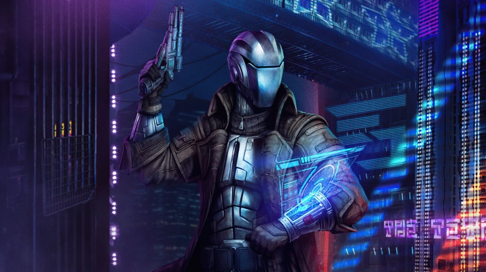 Sci Fi Warrior with Gun in Neon City 4K