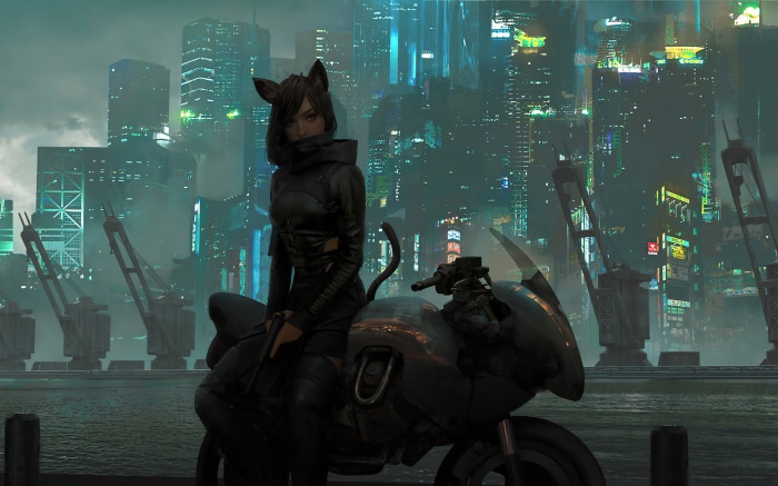Woman with cat ears on a motorcycle in a futuristic city