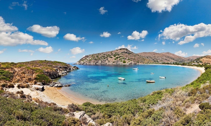 Boats in a bay on Andros, Greece