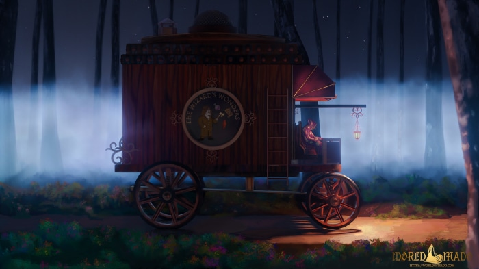 The Wizard's Wonders wagon in a foggy forest